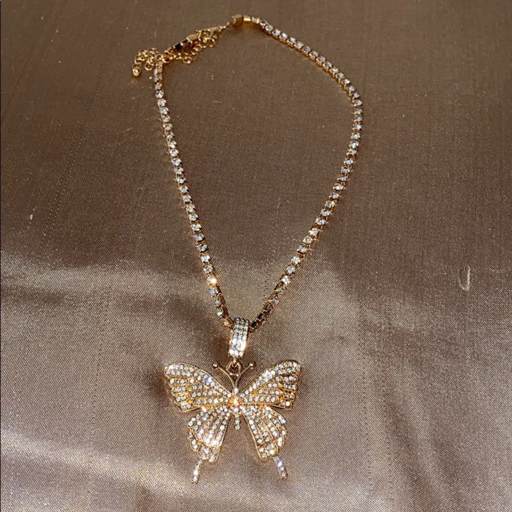 Gold butterfly rhinestone necklace chain